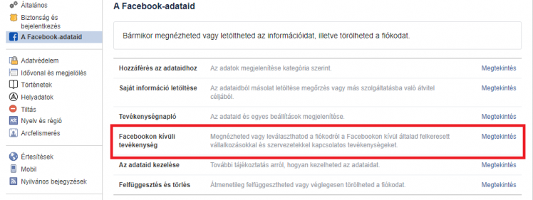 Facebookon kívüli tevékenység beállítása