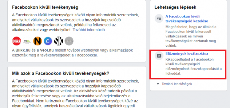 Facebookon kívüli tevékenység beállítása